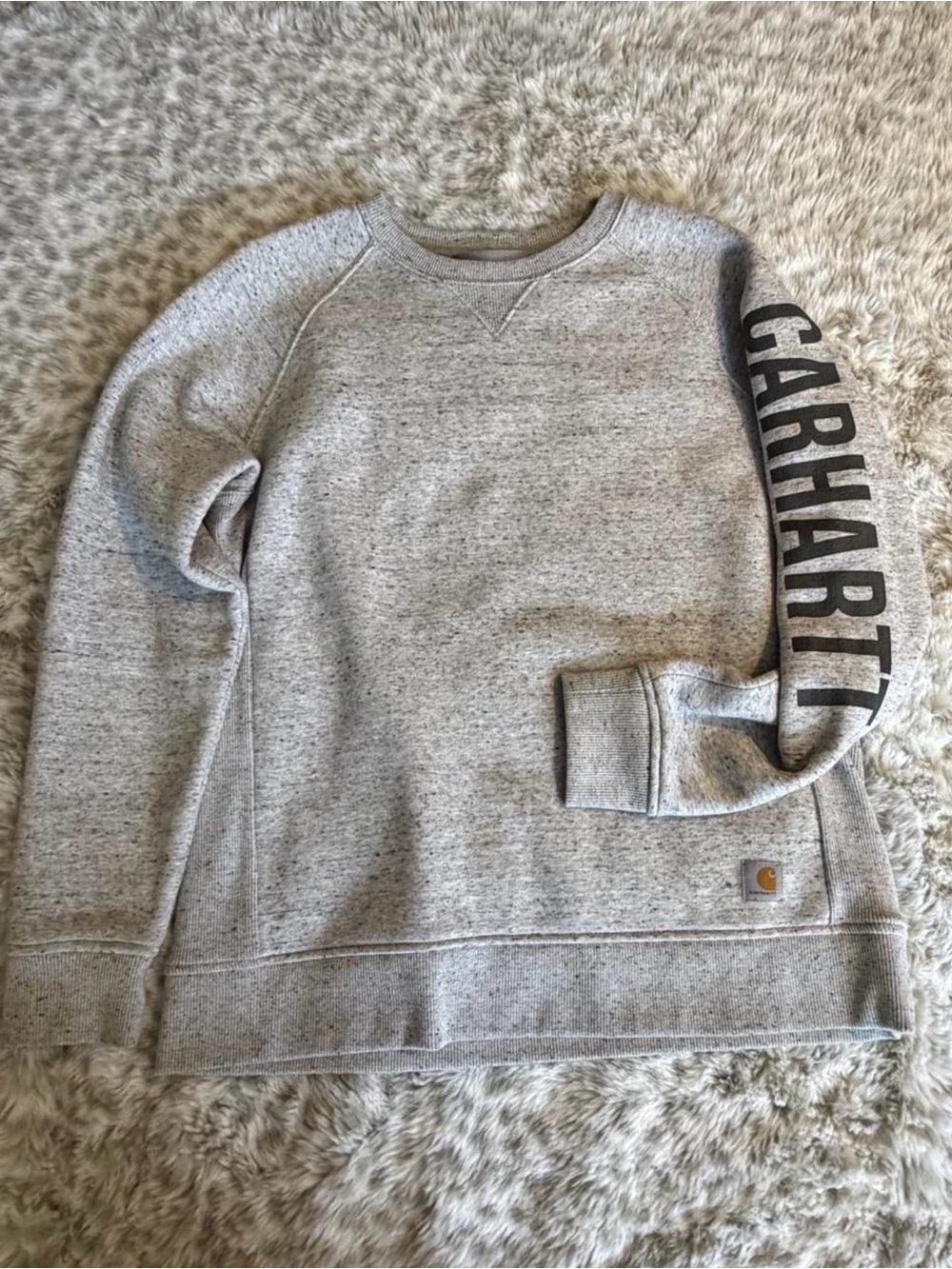Carhartt women’s Light Heather Gray Crewneck Sweatshirt with Logo Sleeve
